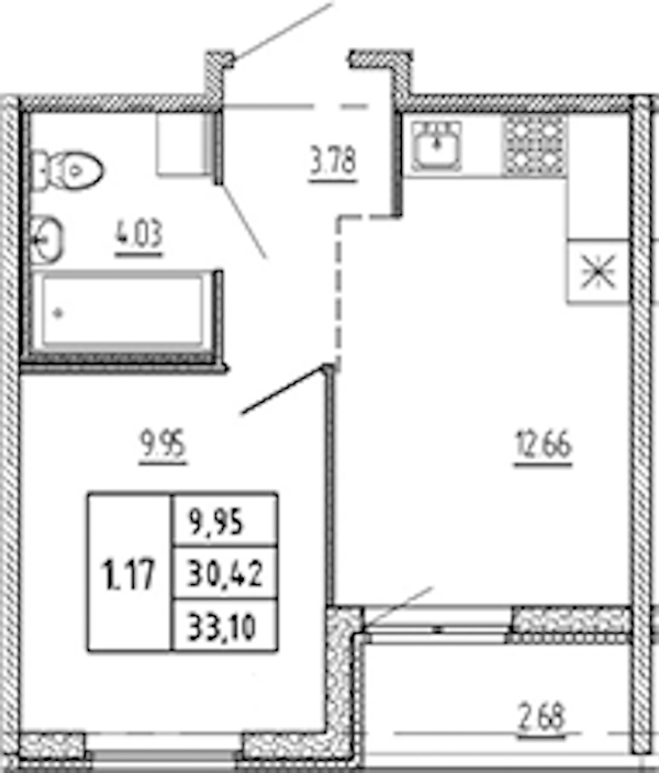1-комнатная квартира 30.42 м², 17/22 эт., ЖК «Новые горизонты 2»